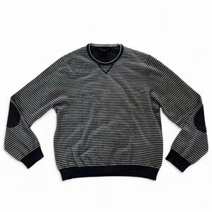 Bloomingdale's Classic Dark and Light Gray 100% Merino Wool Striped Sweater